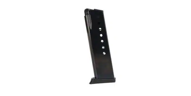 Durable semi-automatic pistol magazine with visible round count and secure fit for reliable reloading.