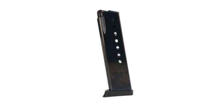 Durable semi-automatic pistol magazine with visible round count and secure fit for reliable reloading.