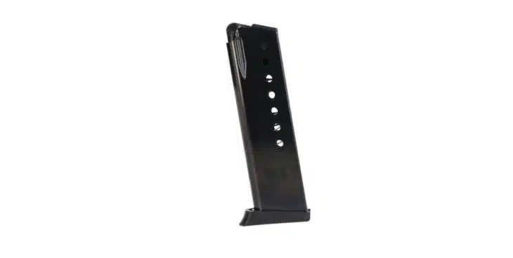 Durable semi-automatic pistol magazine with visible round count and secure fit for reliable reloading.