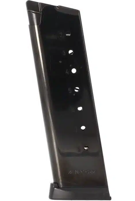 Sleek black firearm magazine with round indicators for quick ammo assessment and reliable performance.