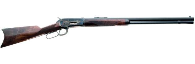 Elegant lever-action rifle with polished steel receiver and walnut stock, perfect for collectors and hunters.