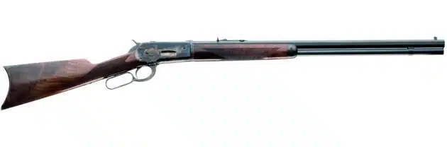 Elegant lever-action rifle with polished steel receiver and walnut stock, perfect for collectors and hunters.
