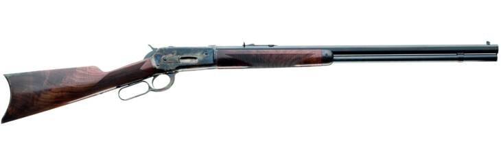 Elegant lever-action rifle with polished steel receiver and walnut stock, perfect for collectors and hunters.