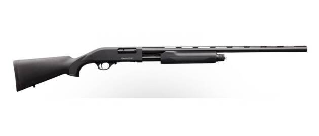 Sleek pump-action shotgun with ergonomic design, ideal for hunting and sport shooting.