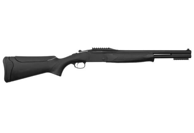 Sleek black tactical shotgun with ergonomic grip, lightweight design, and customizable accessory rail.