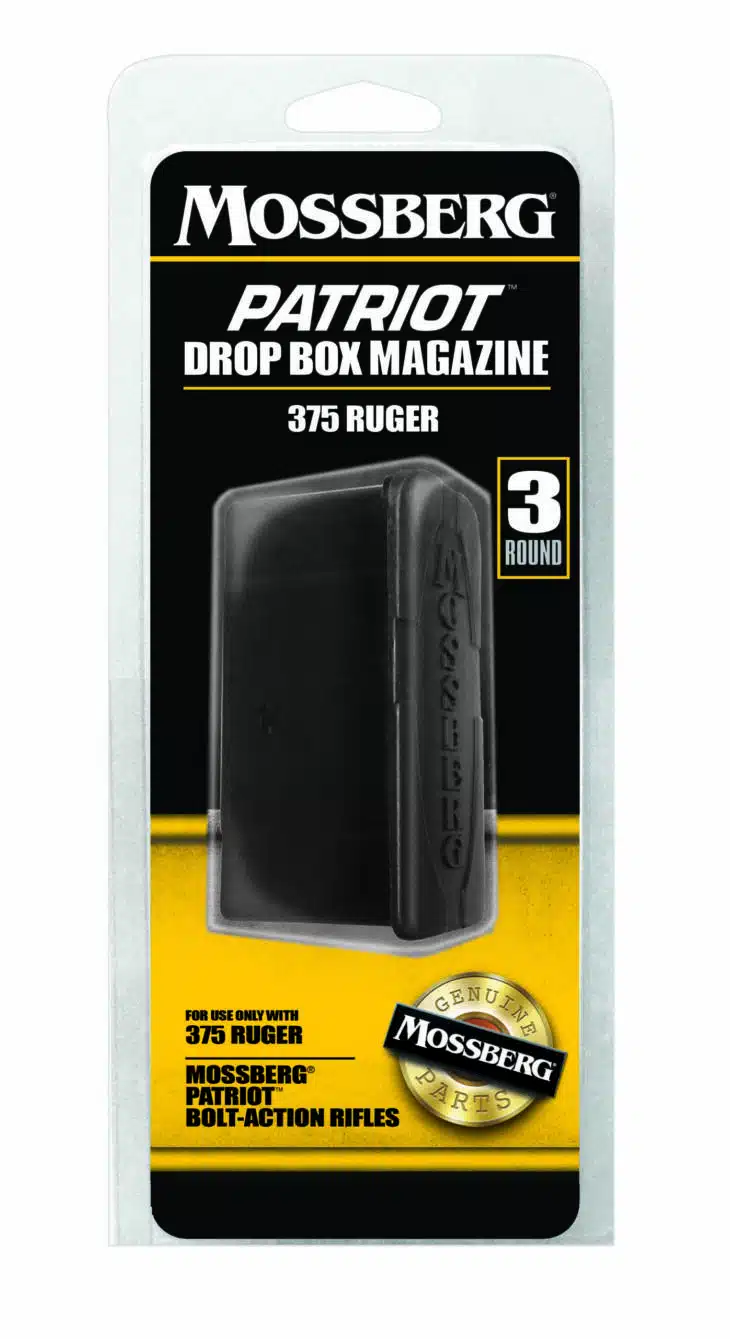 Mossberg Patriot Drop Box Magazine for .375 Ruger, 3-round capacity, durable and reliable design.