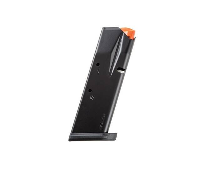 Durable black training magazine for semi-automatic pistols with orange safety cap for visibility.