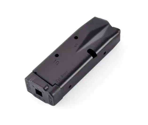 Durable black firearm magazine with capacity indicator, perfect for tactical use and competitive shooting.