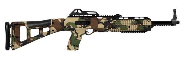 Tactical camouflage firearm with adjustable stock and rail system for versatile outdoor operations.