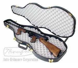 Thompson submachine gun secured in a premium hard case for collectors and enthusiasts.