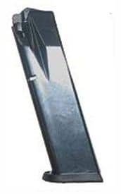 Durable black polymer magazine for semi-automatic pistols, ensuring reliable feeding and stability.