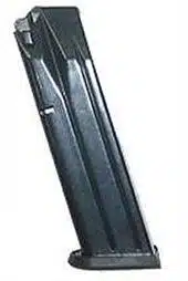 Durable black firearm magazine for semi-automatic pistols, featuring an ergonomic design for easy handling.