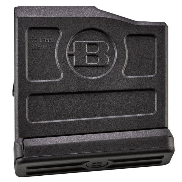 Durable black polymer firearm magazine with bold B logo, ideal for various shooting applications.