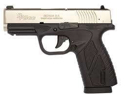 Elegant semi-automatic handgun with a black polymer frame and striking silver slide design.
