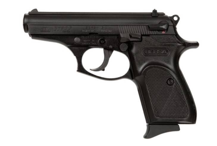 Compact matte black semi-automatic pistol BST22M offers ergonomic design and reliable safety features for self-defense.