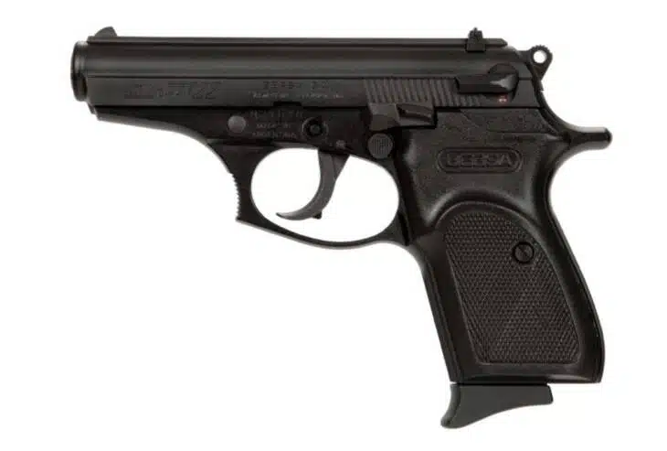 Compact matte black semi-automatic pistol BST22M offers ergonomic design and reliable safety features for self-defense.