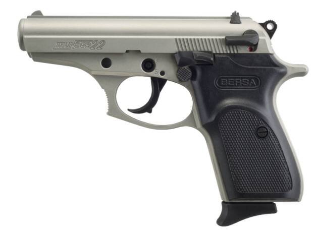 Sleek silver semi-automatic pistol with textured grip, perfect for concealed carry and personal defense.