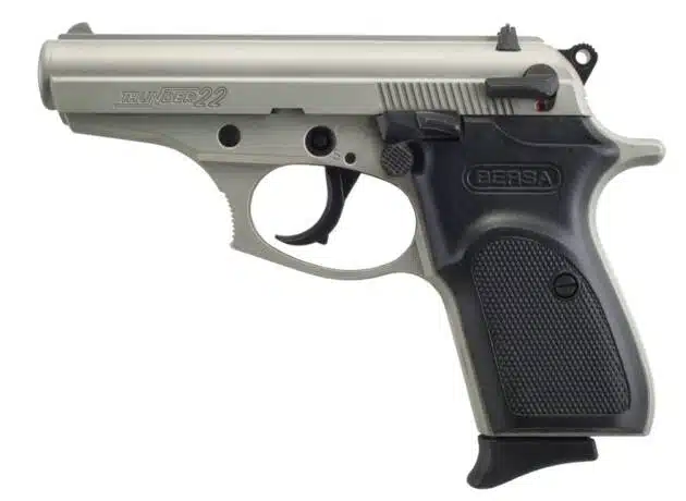 Sleek silver semi-automatic pistol with textured grip, perfect for concealed carry and personal defense.