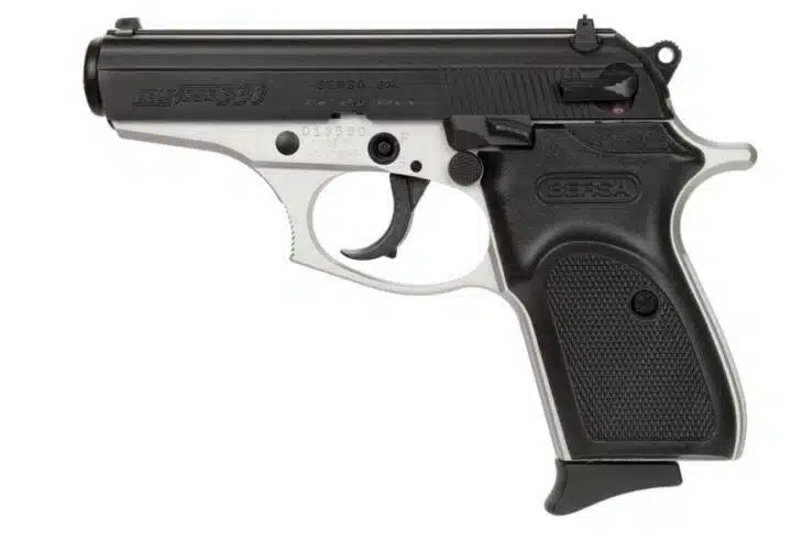 Compact semi-automatic pistol BST380DT8 with ergonomic grip for comfortable concealed carry.