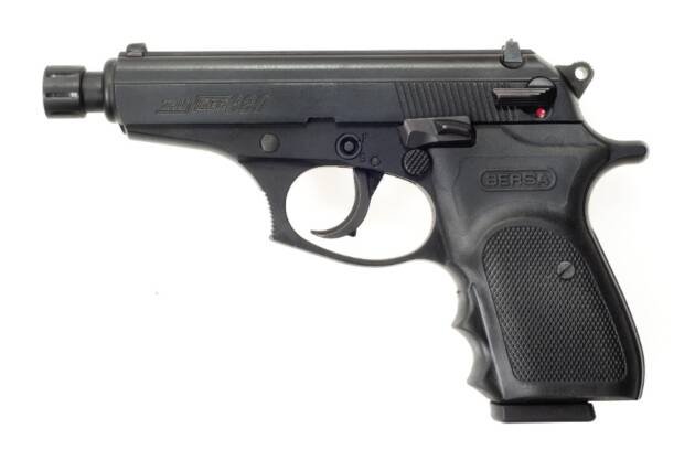 Compact semi-automatic handgun BST380M8X with ergonomic grip and muzzle device for precision shooting.