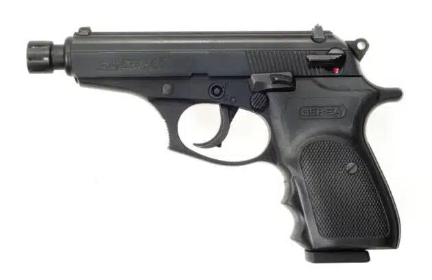 Compact semi-automatic handgun BST380M8X with ergonomic grip and muzzle device for precision shooting.