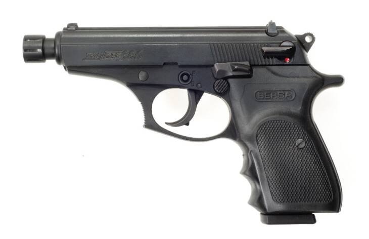 Compact semi-automatic handgun BST380M8X with ergonomic grip and muzzle device for precision shooting.