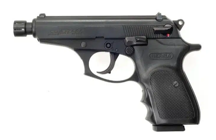 Compact semi-automatic handgun BST380M8X with ergonomic grip and muzzle device for precision shooting.