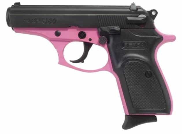 Stylish BST380PNK8 semi-automatic pistol with black finish and vibrant pink accents for personal expression.