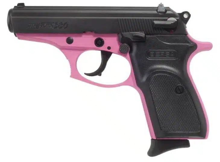 Stylish BST380PNK8 semi-automatic pistol with black finish and vibrant pink accents for personal expression.