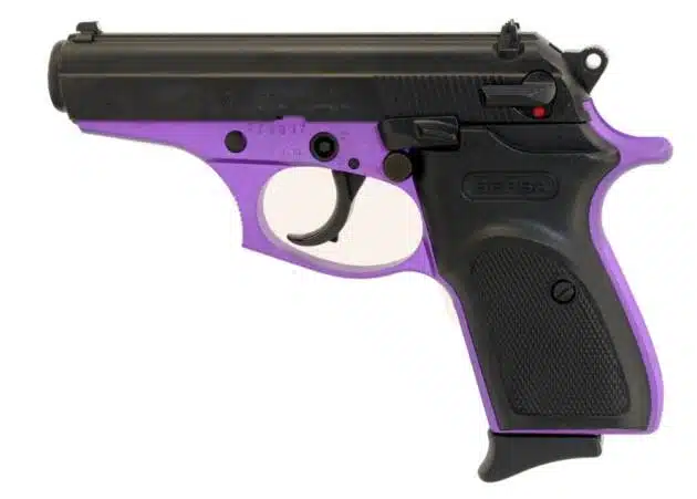 Stylish purple handgun BST380PRP8 with textured grip and essential safety features for responsible use.