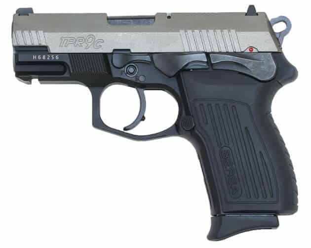 Compact semi-automatic pistol with ergonomic grip, safety features, and sleek stainless steel design.