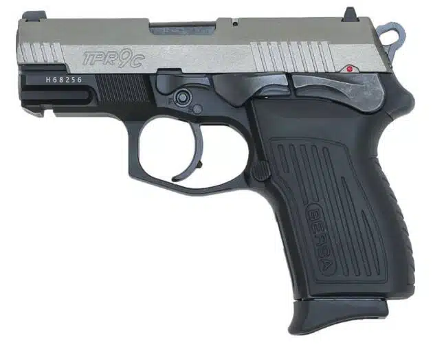 Compact semi-automatic pistol with ergonomic grip, safety features, and sleek stainless steel design.