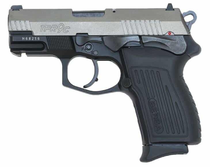 Compact semi-automatic pistol with ergonomic grip, safety features, and sleek stainless steel design.