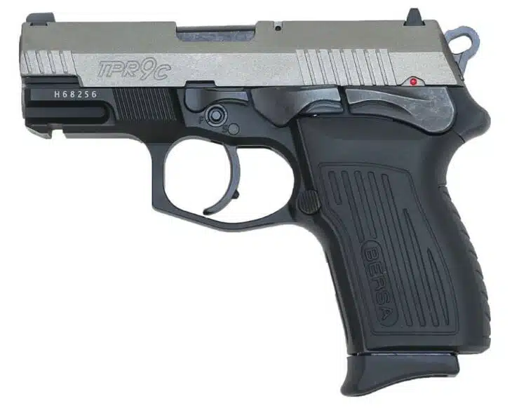 Compact semi-automatic pistol with ergonomic grip, safety features, and sleek stainless steel design.