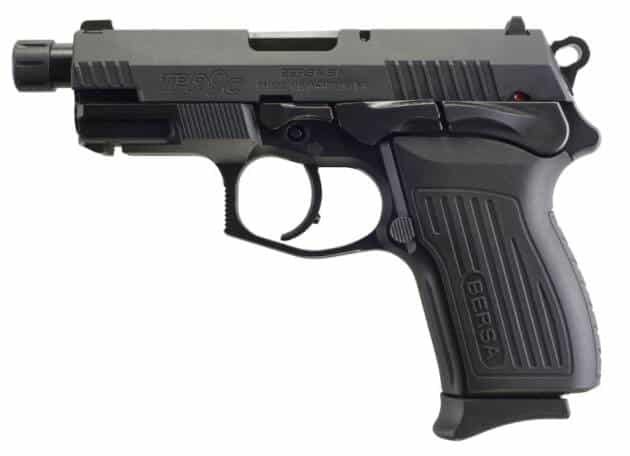 Compact semi-automatic pistol with ergonomic grip, tactical design, and accessory rails for versatile use.