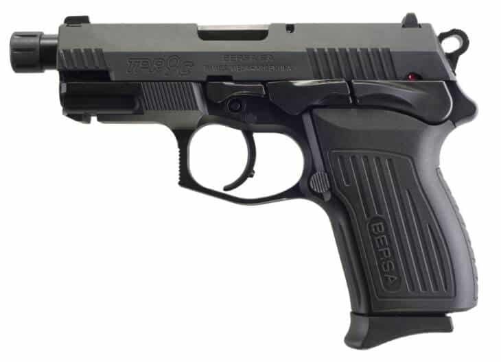 Compact semi-automatic pistol with ergonomic grip, tactical design, and accessory rails for versatile use.