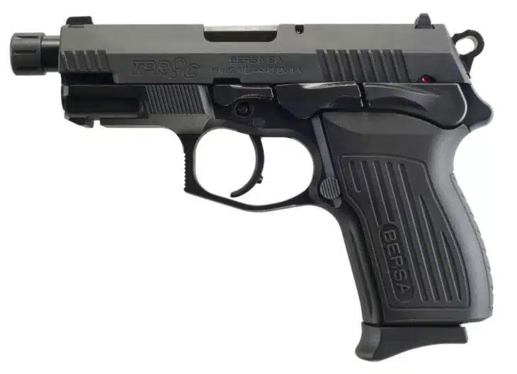 Compact semi-automatic pistol with ergonomic grip, tactical design, and accessory rails for versatile use.