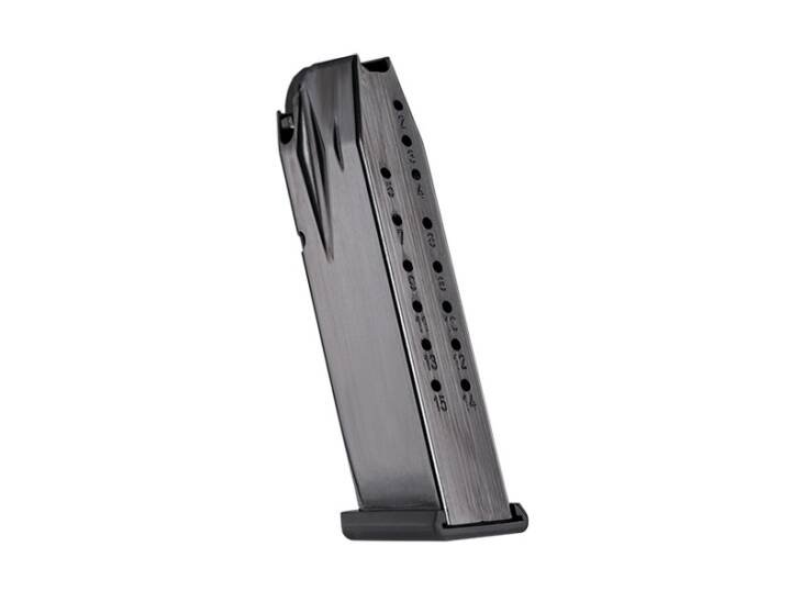 CAMA595 high-capacity black magazine with witness slots for reliable firearm performance and easy ammo tracking.