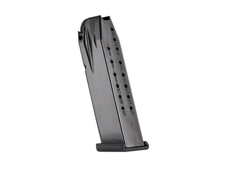 CAMA595 high-capacity black magazine with witness slots for reliable firearm performance and easy ammo tracking.