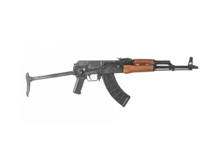 Classic AK-47 rifle with wooden stock and curved magazine, symbolizing military history and engineering.