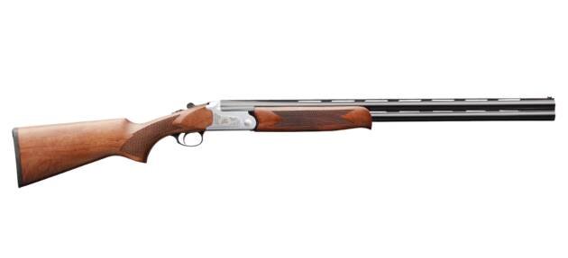 Classic double-barrel shotgun with polished wood stock and ribbed barrels for enhanced accuracy.