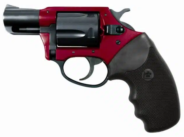 Compact red revolver with black grip, perfect for stylish personal defense and concealed carry.