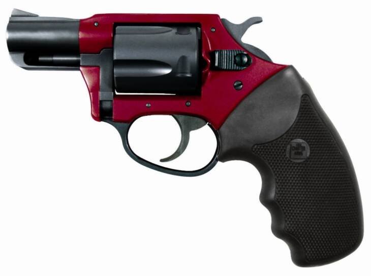 Compact red revolver with black grip, perfect for stylish personal defense and concealed carry.