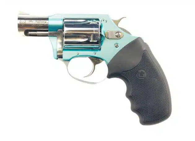 Sleek silver revolver with light blue accents, ergonomic grip, perfect for self-defense.