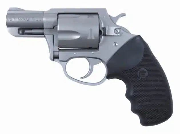 Compact silver snub-nose revolver with textured black grip, ideal for personal defense and concealment.