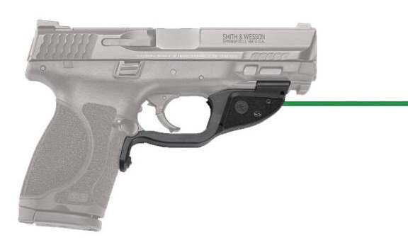 Sleek semi-automatic pistol with green laser for enhanced aiming and ergonomic grip.