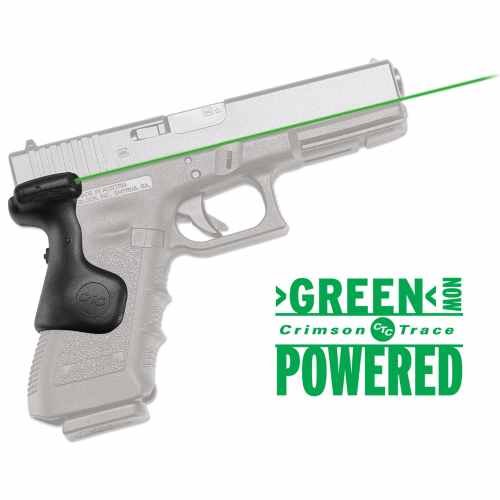 Glock handgun with Crimson Trace green laser sight for enhanced precision and modern design.