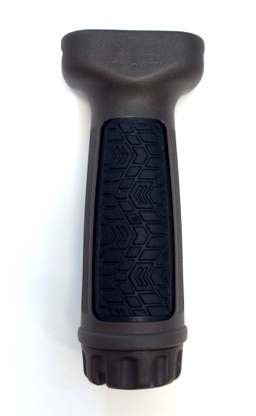 Ergonomic firearm grip with textured surface for secure handling and stability in all conditions.