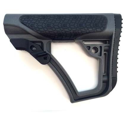Ergonomic polymer rifle stock with textured grip and sling attachment for enhanced comfort and control.