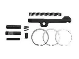 Precision firearm parts: guide rod, recoil spring, and retention rings for reliable assembly and maintenance.